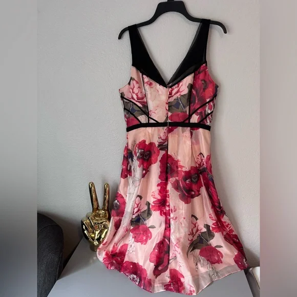 White House Black Market Red Floral Organza Dress Peach Satin Black Accents 10 - Picture 2 of 16